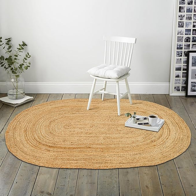 Hand Woven Jute Area Rug - 3' x 5' Feet - Rustic Beige Reversible Oval Rugs for Bedroom, Kitchen, Living Room - Vintage Natural Braided Entry Floor Décor Boho Oval Rugs 3x5 Feet