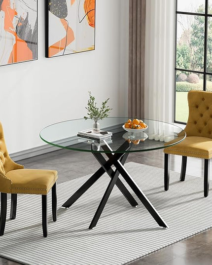 HomVent 3 Piece Round Glass Dining Table Set, Tempered Glass Dinner Table Set for 2 Kitchen Table Set with 2 Velvet Upholstered Chairs for Kitchen Dining Room