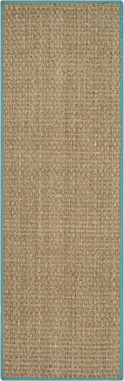 Safavieh Natural Fiber Collection Runner Rug - 2'6" x 6', Natural & Teal, Seagrass, Basketweave Pattern with Border (NF114R)