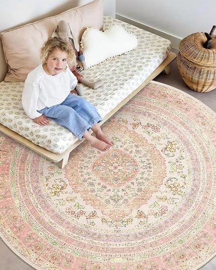 Round Area Rugs 6ft Washable,Pink Rug for Living Room Bedroom Dining Room,Circle Boho Vintage Bohemian Distressed Farmhouse Carpet Non Slip,Blush Floral