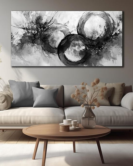 JuhaiArt White Wall Decor Art for Living Room Office Abstract Canvas Wall Art Black Circle Picture Art 29" x 59" Large Modern Poster Artwork
