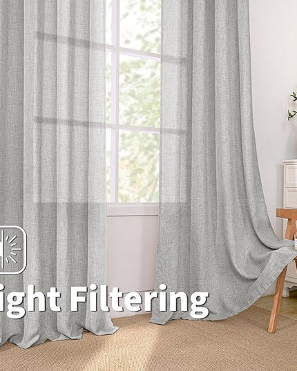 BGment Light Grey Linen Curtains 95 Inch Long for Living Room - Burlap Textured Light Filtering Window Treatments Grommet Sheer Drapes for Farmhouse, 2 Panels, 52 X 95 Inch