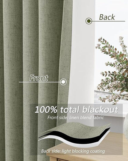 Sage Green Linen Blackout Curtains 92 Inch Length 2 Panels Set for Living Room Bedroom Back Tab Thermal Insulated 100% Black Out Linen Drapes Room Darkening Window Curtains 92 Inches Long