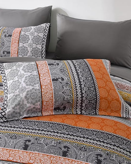 Cottolester Boho Comforter Set King Size,8 Pieces Orange Bohemian Striped Bed in a Bag,Paisley Soft Microfiber Bedding Comforter Set