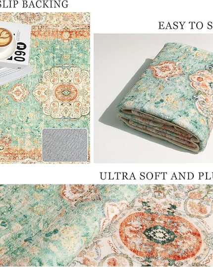 Boho Rug 3x5,Washable Area Rugs for Bedroom Living Room Kitchen Entryway,Small Boho Vintage Bohemian Distressed Farmhouse Non Slip Carpet,Retro Orange Green Floral