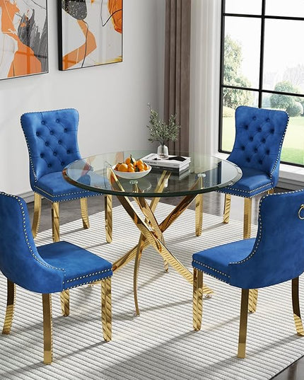 HomVent Round Glass Dining Table Set for 4, Modern Tempered Glass Kitchen Table Set and Chairs, Round Glass Dining Room Table Set for Kitchen (Gold, 36 inch Gold Table with 4 Blue Chairs)