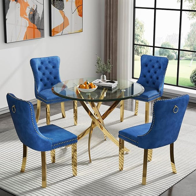 HomVent Round Glass Dining Table Set for 4, Modern Tempered Glass Kitchen Table Set and Chairs, Round Glass Dining Room Table Set for Kitchen (Gold, 36 inch Gold Table with 4 Blue Chairs)