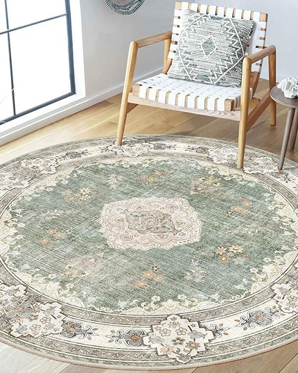 MUJOO Green Round Rug 5ft,Circle Washable Area Rugs for Bedroom Living Room Bathroom,Boho Large Non Slip Circular Carpet,Sage Floral