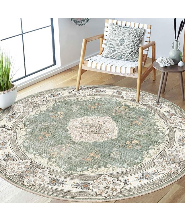 MUJOO Green Round Rug 5ft,Circle Washable Area Rugs for Bedroom Living Room Bathroom,Boho Large Non Slip Circular Carpet,Sage Floral
