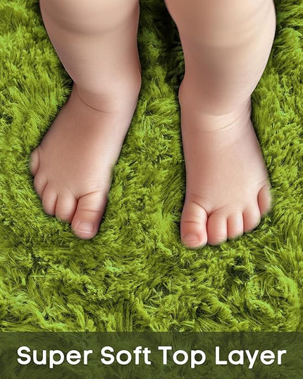 Ophanie Round Rug 4Ft Green Circle Area Rug, Green Room Decor, Fluffy Fuzzy Bedroom Carpet, Plush Soft Shaggy Living Room Rugs for Kids Home Decor Aesthetic, Nursery
