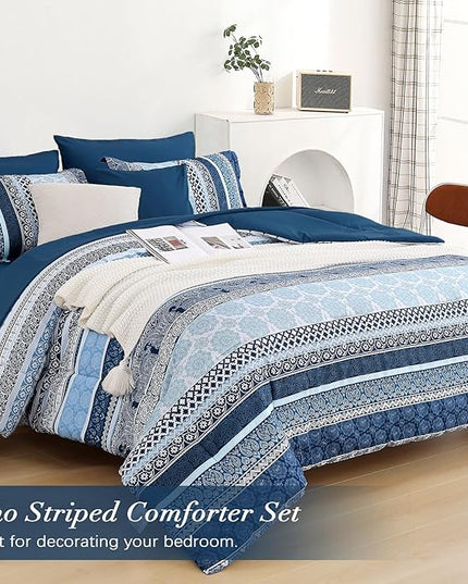 Boho Comforter Set Full Size,8 Pieces Navy Blue Bohemian Striped Bed in a Bag,Paisley Soft Microfiber Bedding Comforter Set