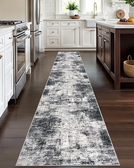 IOHOUZE Abstract Runner Rug 2x12 Ft Washable Runners for Hallways, Non Slip Kitchen Runner Printed Faux Wool Entryway Runner Indoor, Modern Abstract Floor Carpet for Hall Kitchen, Black Gey