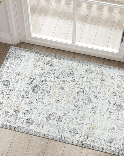 jinchan Kalen Area Rug 2x3 Washable Entryway Rug Soft Door Mat Vintage Indoor Entrance Thin Retro Distressed Carpet Grey Floral Country Boho Non Slip Doormat Bathroom Kitchen Bedroom
