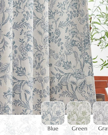 Lazzzy Blue Floral Farmhouse Linen Lined Curtains 96 Inches Length Grommet Top Drapes for Living Room Bedroom Flower Patterned Country Vintage Curtains 2 Panels Set Green on Beige