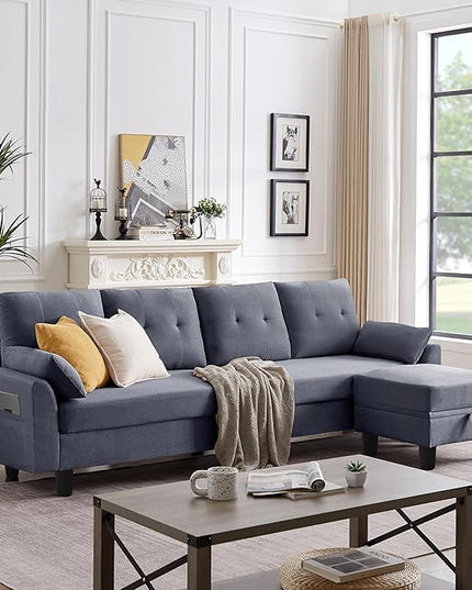 Convertible Sectional Sofa,Modern 4-Seat L Shaped Couch with Storage Ottoman,Linen Fabric Sofa Set for Living Room, Light Gray