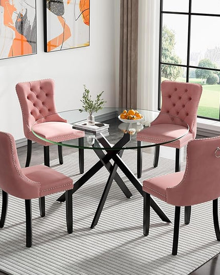 HomVent 5 Piece Round Glass Dining Table Set, Tempered Glass Dinner Table Set for 4 Kitchen Table Set with 4 Velvet Upholstered Chairs for Kitchen Dining Room
