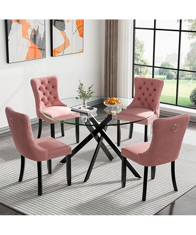 HomVent 5 Piece Round Glass Dining Table Set, Tempered Glass Dinner Table Set for 4 Kitchen Table Set with 4 Velvet Upholstered Chairs for Kitchen Dining Room