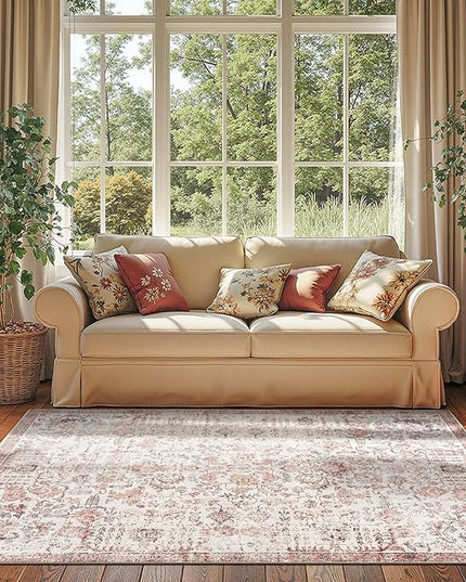 jinchan Kalen Area Rug 4x6 Washable Bedroom Rug Vintage Indoor Thin Floor Cover Retro Accent Mat Distressed Floral Country Boho Non Slip Carpet for Living Room Kitchen Dining Room Office Red Multi