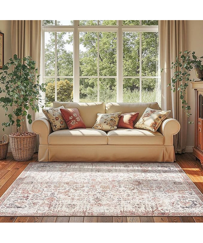 jinchan Kalen Area Rug 4x6 Washable Bedroom Rug Vintage Indoor Thin Floor Cover Retro Accent Mat Distressed Floral Country Boho Non Slip Carpet for Living Room Kitchen Dining Room Office Red Multi