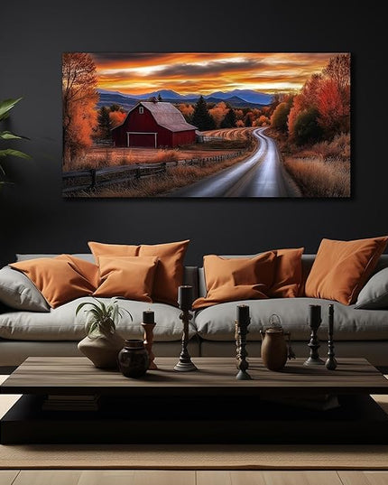 JuhaiArt Large Natural Wall Art Landscape Canvas Decor Fall Canvas Picture for Living Room Bedroom Red Barn Farmhouse Artwork 29" x 59"