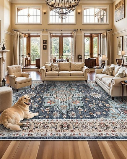 Washable Oriental Area Rug - 12x15 Rugs for Living Room Soft Carpet for Bedroom Waterproof Floral Distressed Indoor Stain Resistant Non-Shedding Floor Carpets (Blue/Teal/Orange, 12x15)