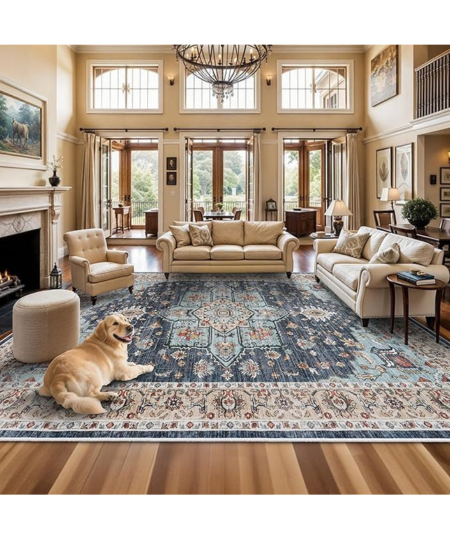 Washable Oriental Area Rug - 12x15 Rugs for Living Room Soft Carpet for Bedroom Waterproof Floral Distressed Indoor Stain Resistant Non-Shedding Floor Carpets (Blue/Teal/Orange, 12x15)