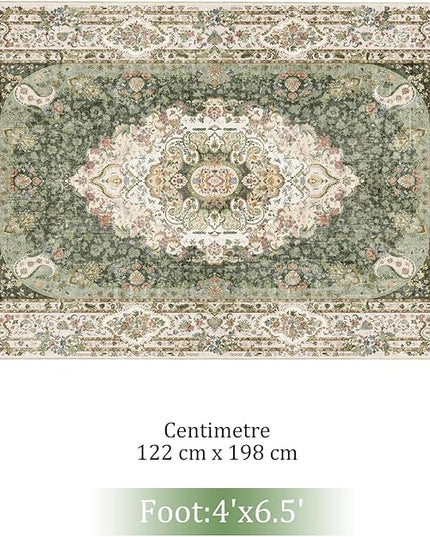 Green Rug 4'x6.5',Washable Area Rugs for Bedroom Living Room Kitchen Entryway,Small Boho Vintage Bohemian Distressed Non Slip Carpet,Floral
