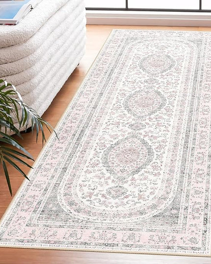Washable Runner Rug 2x6,Pink Rug Runners Non Slip,Long Boho Rugs for Hallways Kitchen Bedroom Entryway Bathroom,Vintage Bohemian Distressed Farmhouse Floor Carpet,Grey Blush Floral
