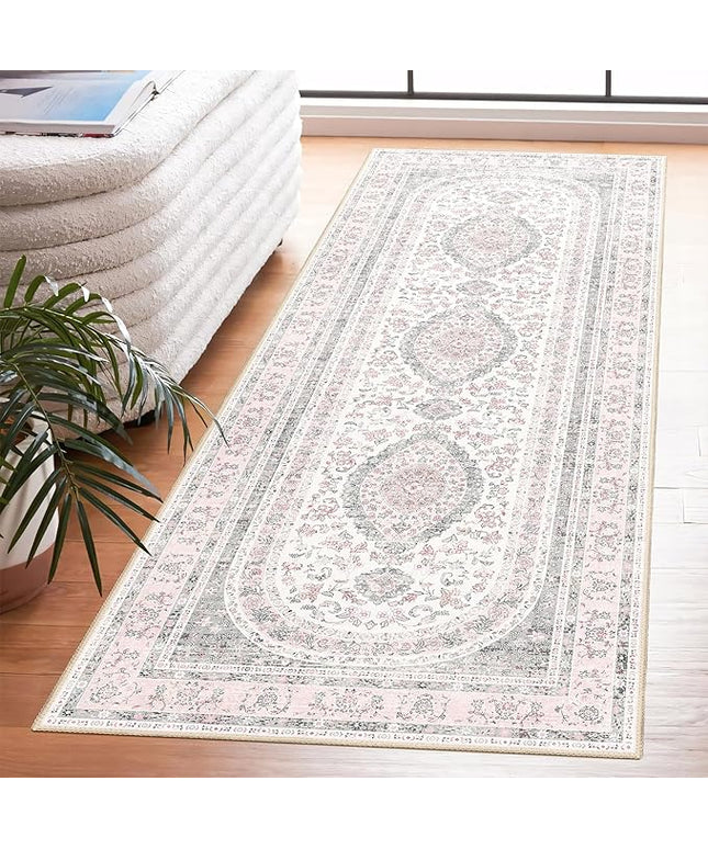 Washable Runner Rug 2x6,Pink Rug Runners Non Slip,Long Boho Rugs for Hallways Kitchen Bedroom Entryway Bathroom,Vintage Bohemian Distressed Farmhouse Floor Carpet,Grey Blush Floral