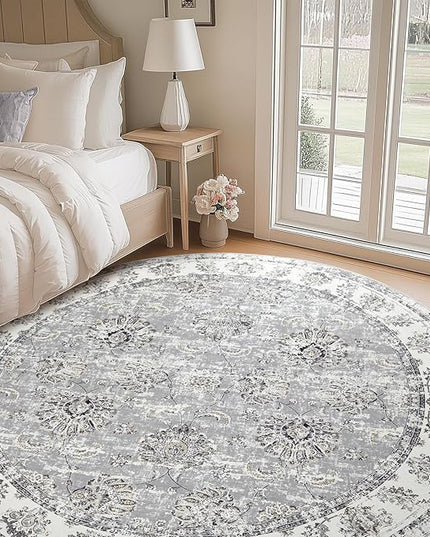 jinchan Fiora Round Rug 8ft Area Rugs - Vintage Floral Distressed Design Machine Washable Non-Slip Low-Pile Ultra-Thin Circle Rug for Living Room Dining Room Bedroom Farmhouse (8' Round, Grey)