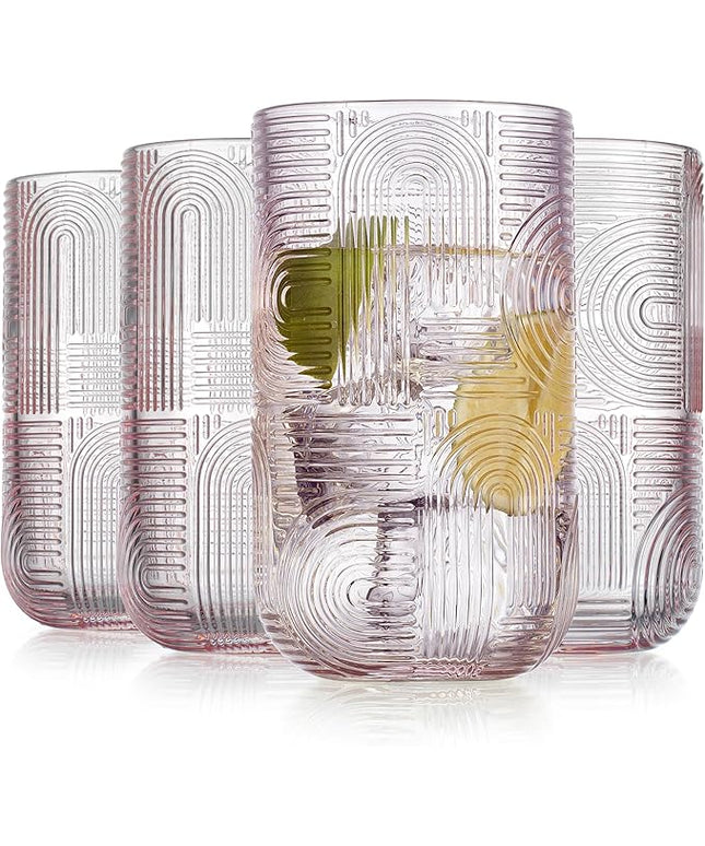 Glaver's Drinking Glasses, Set of 4 Pink Highball 17 Ounce Modern Embossed New Designed Kitchen Glasses Elegant Modern Glassware for Everyday Home or Bar Water Juice Cocktails. Urban Pattern