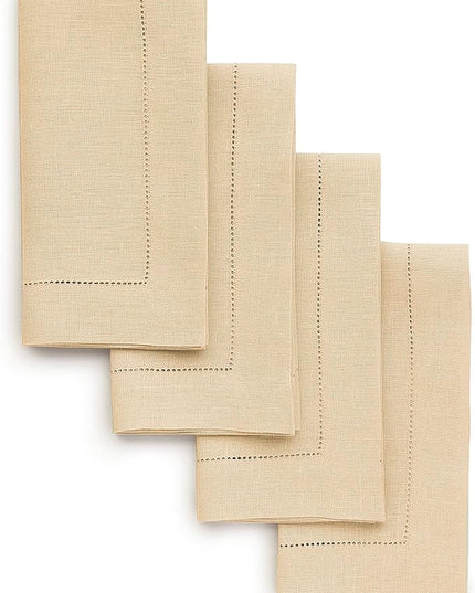 Solino Home Linen Napkins Set of 4 - Classic Hemstitch 100% Pure Linen Beige Dinner Napkins Cloth 20 x 20 Inch for Christmas, New Year - Handcrafted and Machine Washable
