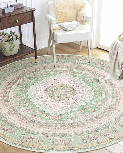 Round Area Rugs 5ft Washable,Green Rug for Living Room Bedroom Dining Room,Large Boho Vintage Bohemian Distressed Oriental Carpet Non Slip,Sage Blush Floral