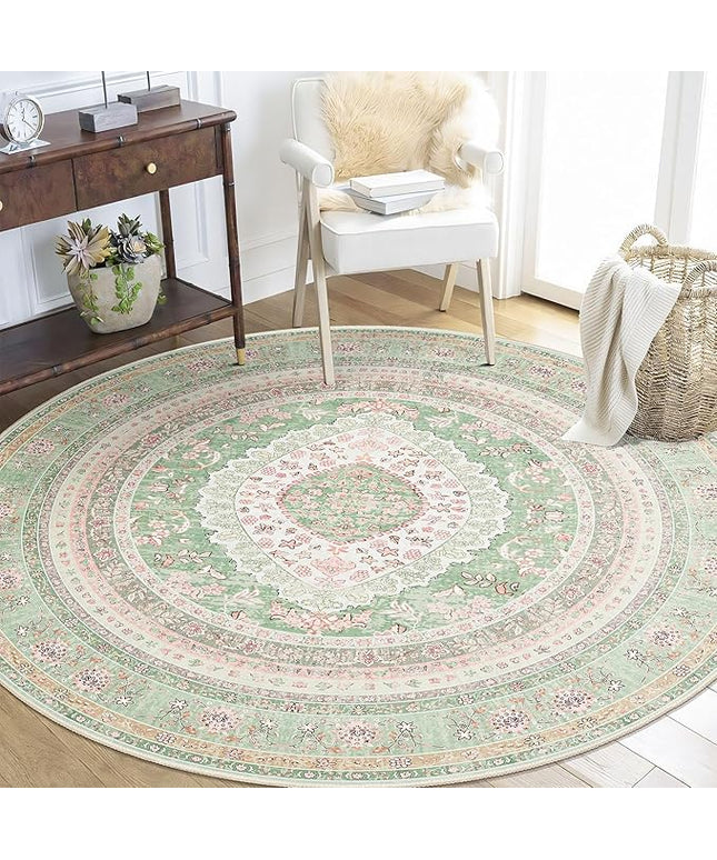 Round Area Rugs 5ft Washable,Green Rug for Living Room Bedroom Dining Room,Large Boho Vintage Bohemian Distressed Oriental Carpet Non Slip,Sage Blush Floral