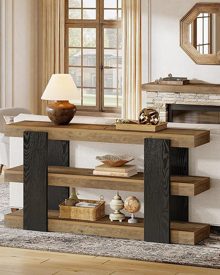 Tribesigns 63-Inch Long Console Table, 3-Tier Entryway Table with Storage, Farmhouse Wood Behind Couch Tables for Entryway, Living Room, Hallway, Rustic Brown & Black