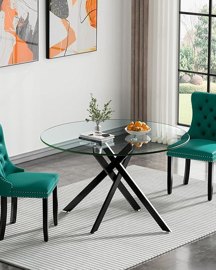 HomVent 3 Piece Round Glass Dining Table Set, Tempered Glass Dinner Table Set for 2 Kitchen Table Set with 2 Velvet Upholstered Chairs for Kitchen Dining Room