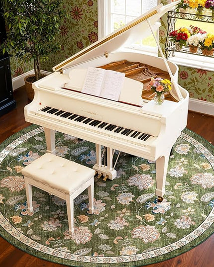 jinchan Elora 8ft Floral Round Rug for Washable Living Room Rug Vintage Romance Christmas Design Non Slip Indoor Floor Cover Lightweight Low-Profile Throw Carpet for Bedroom Porch Patio, Green