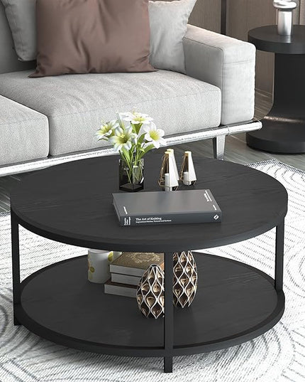 NSdirect Round Coffee Table, 36" Rustic Wooden Surface Top & Sturdy Metal Legs Industrial Sofa Table for Living Room Modern Design Home Furniture with Storage Open Shelf (Black Oak)