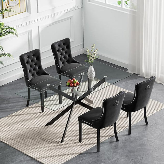 HomVent 5 Piece Rectangular Glass Dining Table Set, Tempered Glass Dinner Table Set for 4 Kitchen Table Set with 4 Velvet Upholstered Chairs for Kitchen Dining Room