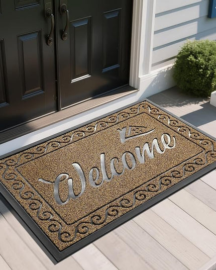 Yimobra Welcome Mat, Heavy Duty Sturdy Door Mats for Home Entrance Outdoor Indoor, Front Doormat for Outside Patio Floor Entry Porch Garage Office, Waterproof, Low Profile, 47X32 Inches, Beige Brown