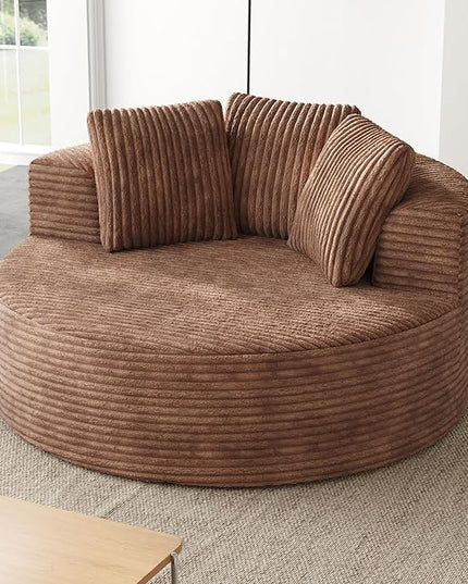 JACH Oversized Round Lazy Sofa Chair with Three Pillows, 50" Corduroy Deep Seat Single Sleeper Sofas, Upholstered Chaise, Cloud Couch for Living Room, Apartment, Light Brown