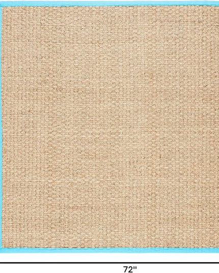 SAFAVIEH Area Rug 6' Square - Natural Fiber Collection - Natural & Turquoise, Seagrass, Basketweave Pattern with Border (NF114S)