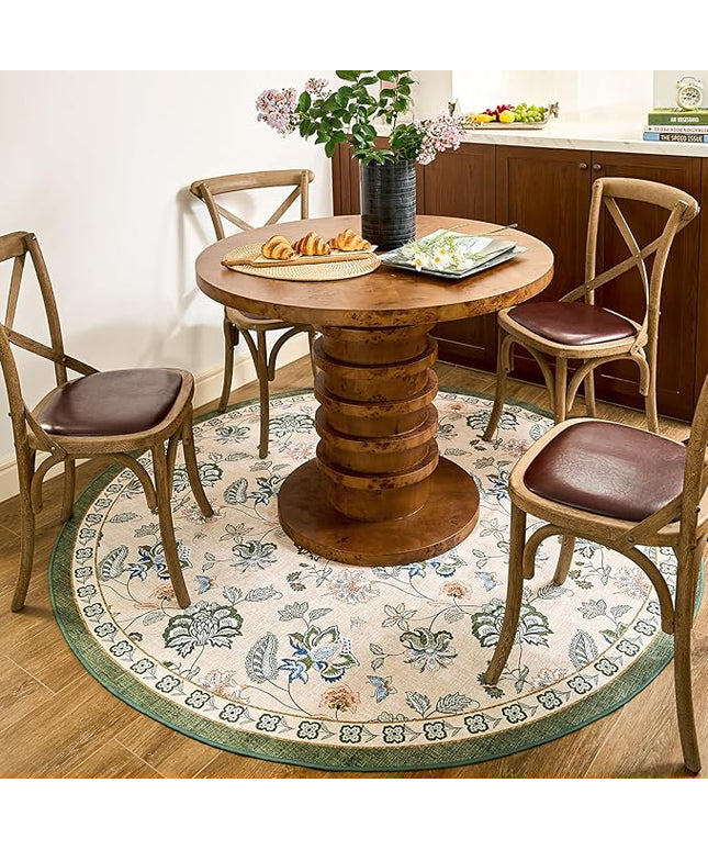 jinchan Elora 6ft Floral Round Rug for Washable Living Room Rug Vintage Romance Christmas Design Non Slip Indoor Floor Cover Lightweight Low-Profile Throw Carpet for Bedroom Patio, Green/Beige