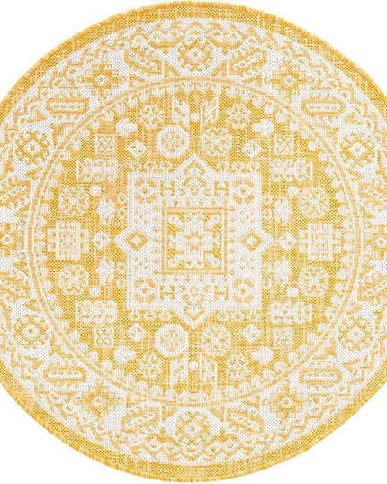 Rugs.com Outdoor Aztec Collection Rug – 3 Ft Round Yellow Flatweave Rug Perfect for Kitchens, Dining Rooms