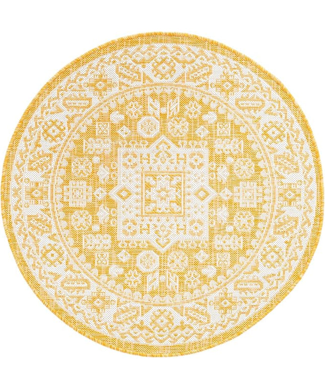 Rugs.com Outdoor Aztec Collection Rug – 3 Ft Round Yellow Flatweave Rug Perfect for Kitchens, Dining Rooms