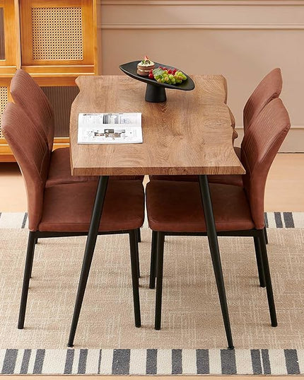 Dining Table Set for 4, Modern Wood Irregular Rectangle Dining Table,Leather Dining Chairs 4,Table and Chairs Set of 4 for Kitchen Dining Room, Brown