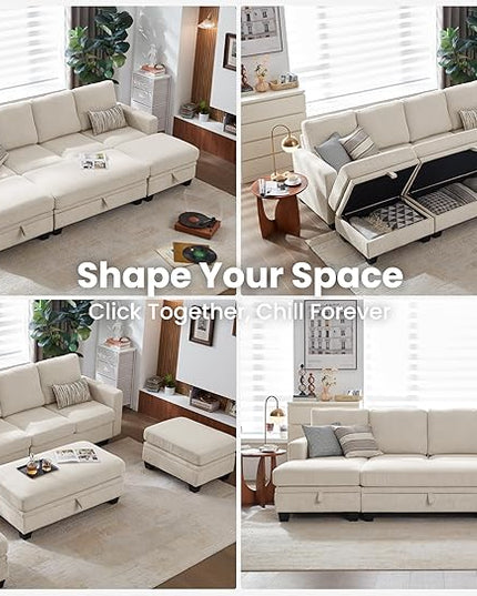 CHIC HOUSE Corduroy Modular Sectional Couch with Ottoman Chaise, L/U Shaped Sleeper Sofa for Living Room, Apartment, Lounge, Modern Armrest Neck Support Furniture (8 Seater Sleeper, Beige)