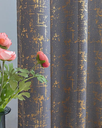 Taisier Home Gold Foil Print Linen Textured Curtains Geometric Dots Pattern Design Curtains for Nursery Toy Room Thermal Insulated Window Treatment 2 Panels 63" L,Soft Grey and Gold Curtain Print