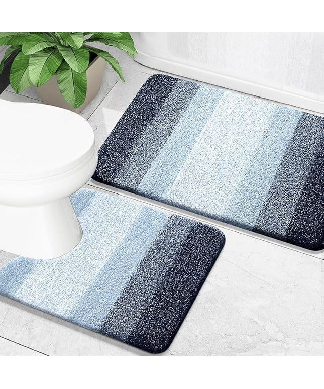 OLANLY Bathroom Rug Set 2 Piece, Soft Absorbent Microfiber Bath Mats and U-Shaped Contour Toilet Rug, Non-Slip, Machine Wash Dry, Plush Shaggy Bath Mats for Bathroom (24"x16"+24"x20", Dark Blue)