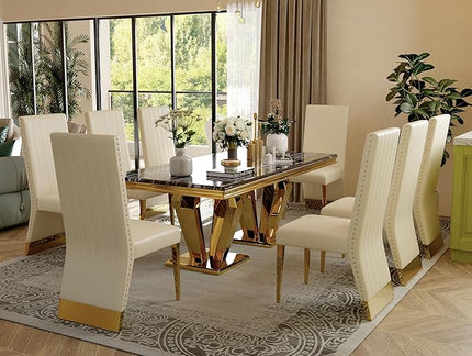 9 Piece Dining Table Set for 8, 78 inch Gold Dining Room Table Set with 8 White Leather Dining Chairs